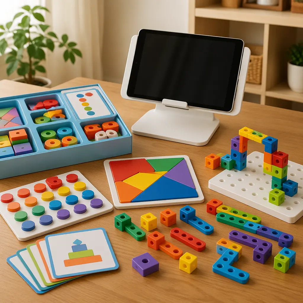 Interactive educational toy pieces arranged around a tablet learning setup