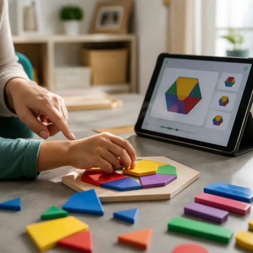 Hands arranging educational toy pieces beside a tablet during play