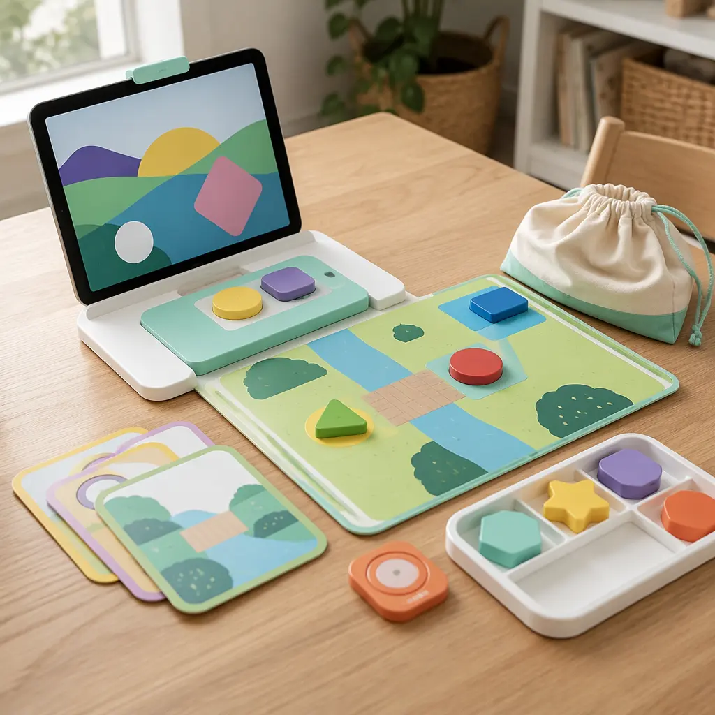 A hybrid educational toy system with physical play pieces and a tablet setup on a table