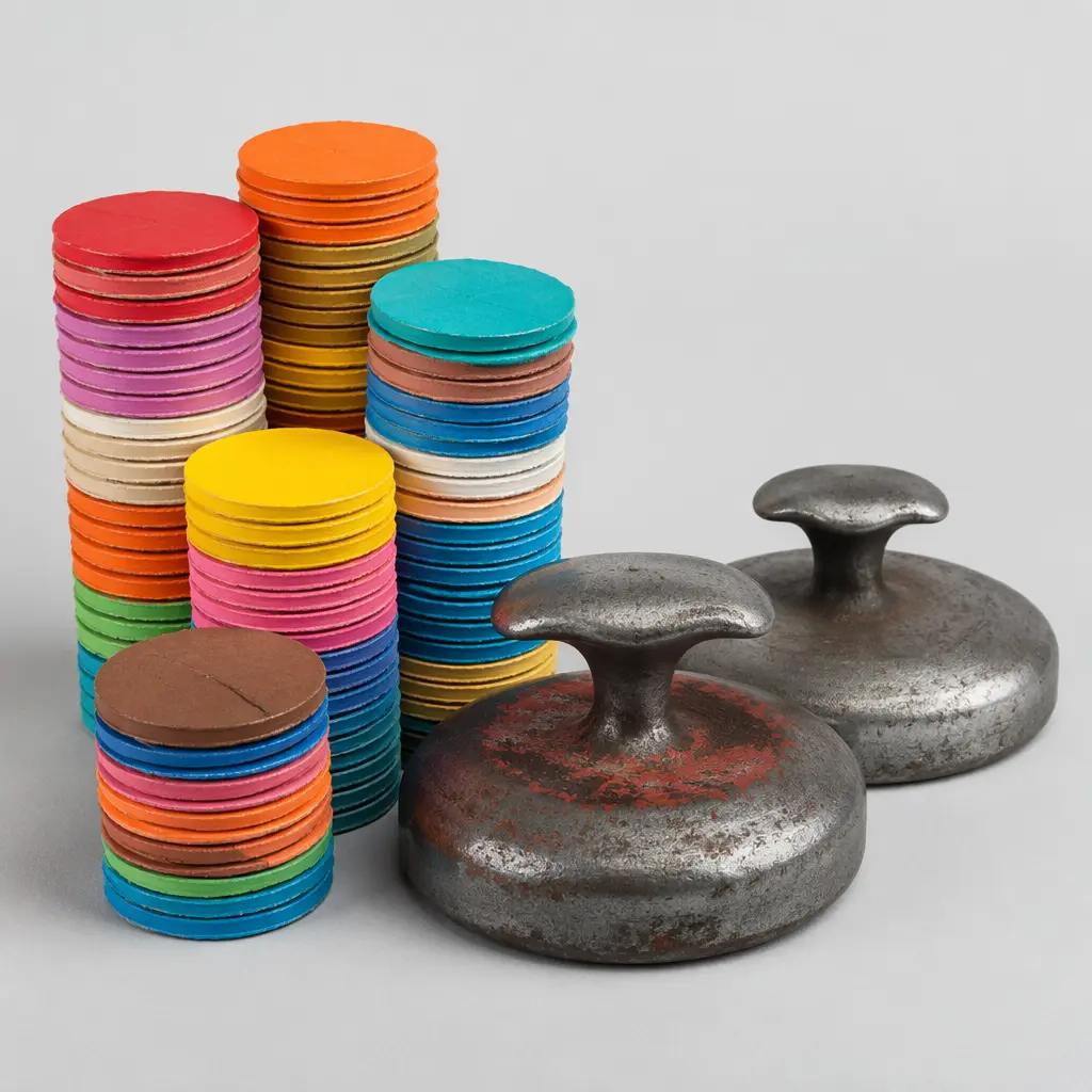 Stacks of colorful cardboard caps and metal slammers arranged in a studio setting