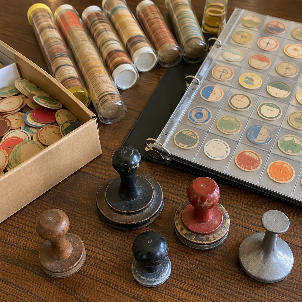 Organized collection of milk caps and slammers displayed on a wooden table