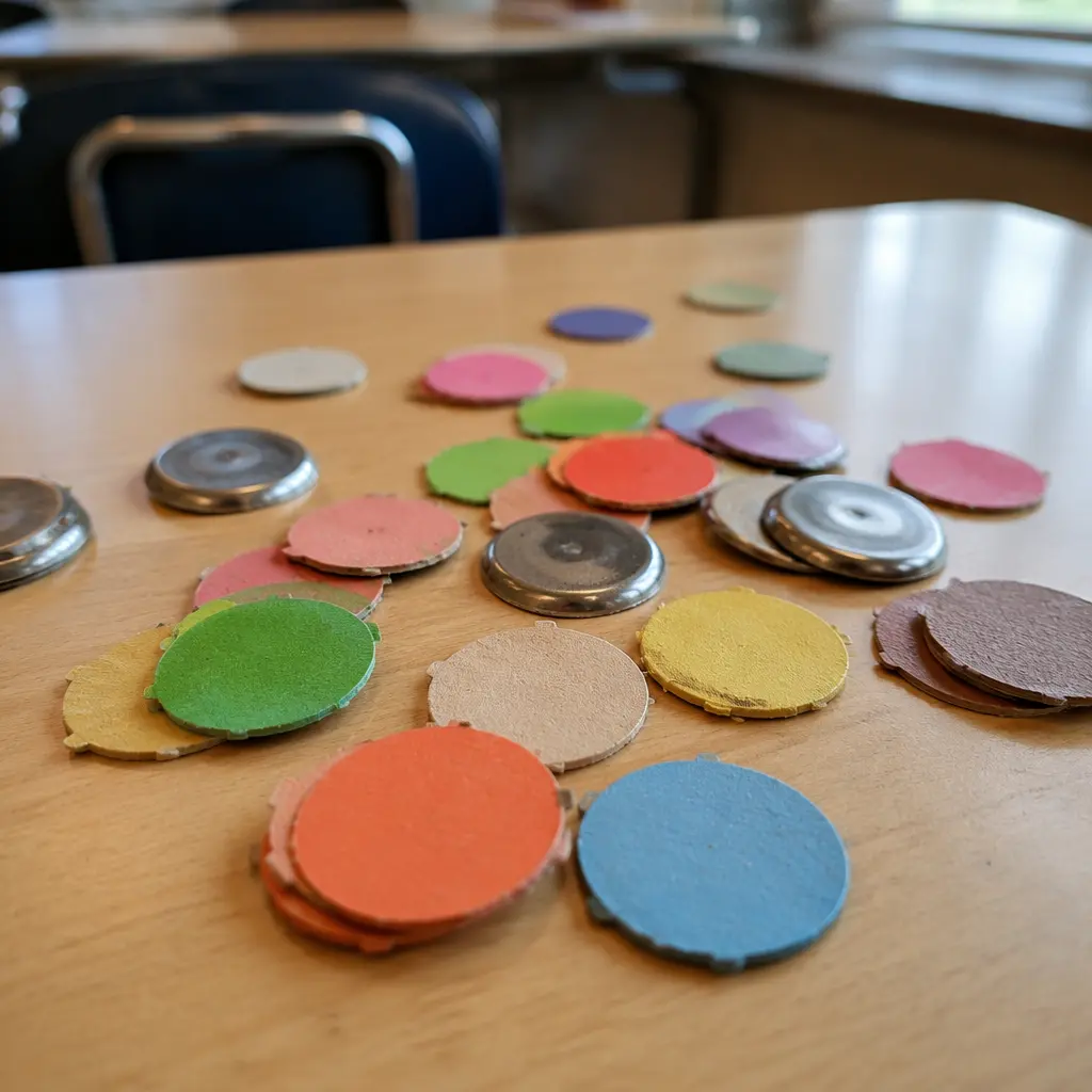 Colorful milk caps and slammers spread across a desk in a nostalgic schoolyard scene