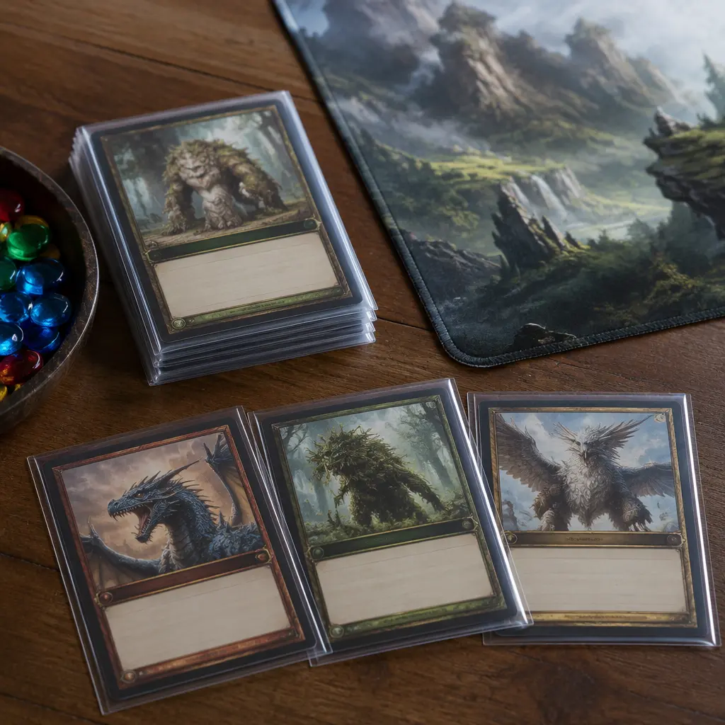 Collectible strategy cards arranged with counters and sleeves on a table