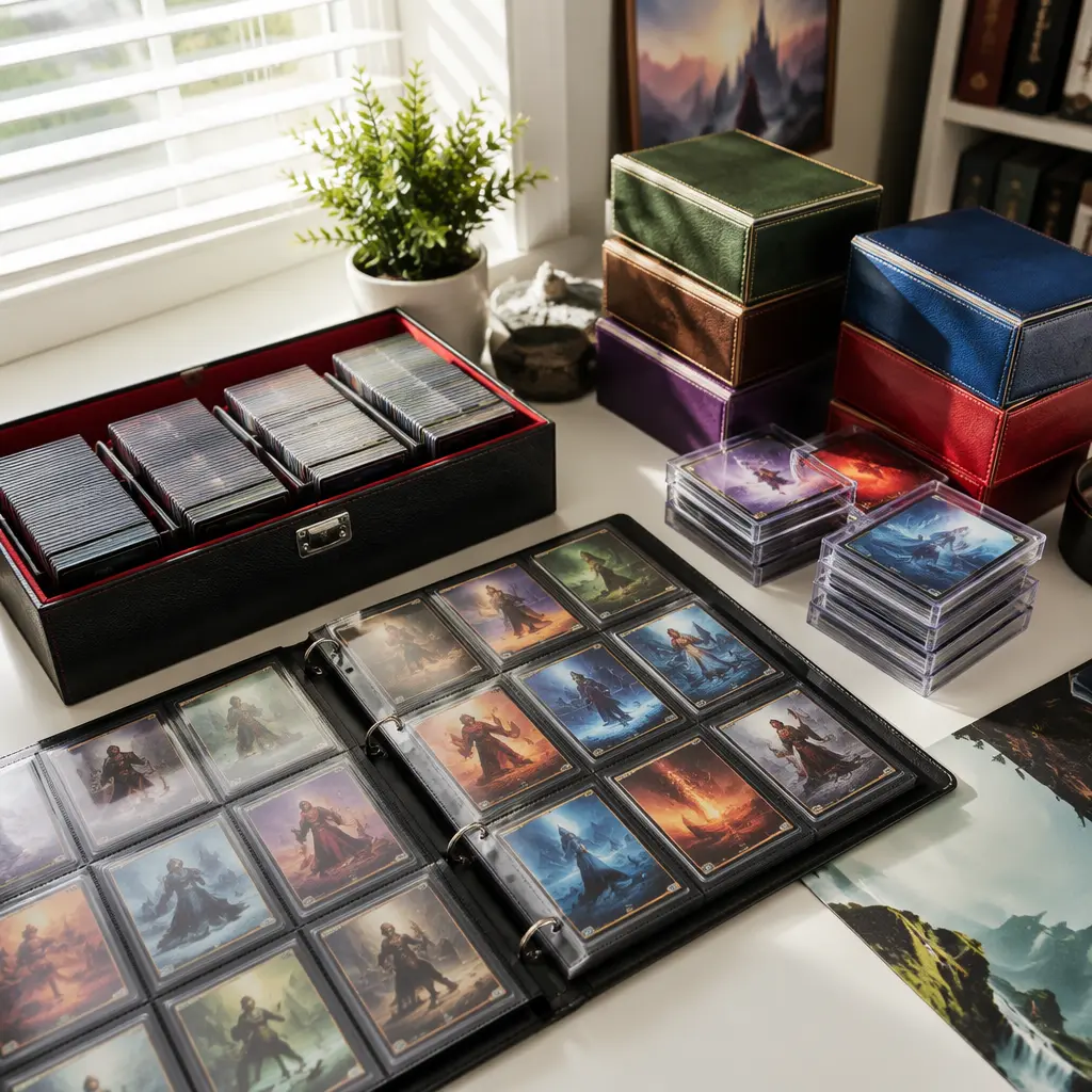 Trading cards organized in binders and deck boxes on a hobby desk