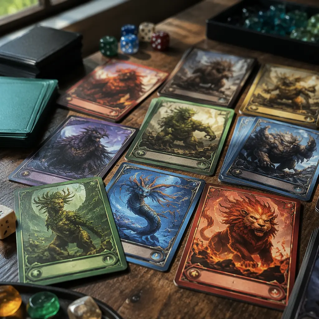 A spread of colorful fantasy trading cards and accessories on a tabletop