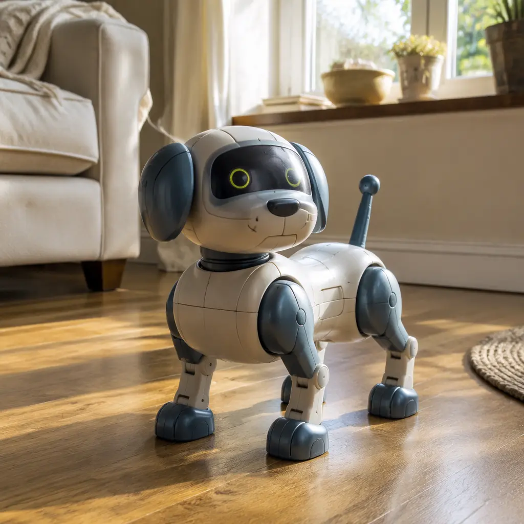 Retro robotic dog toy posed in a sunlit living room