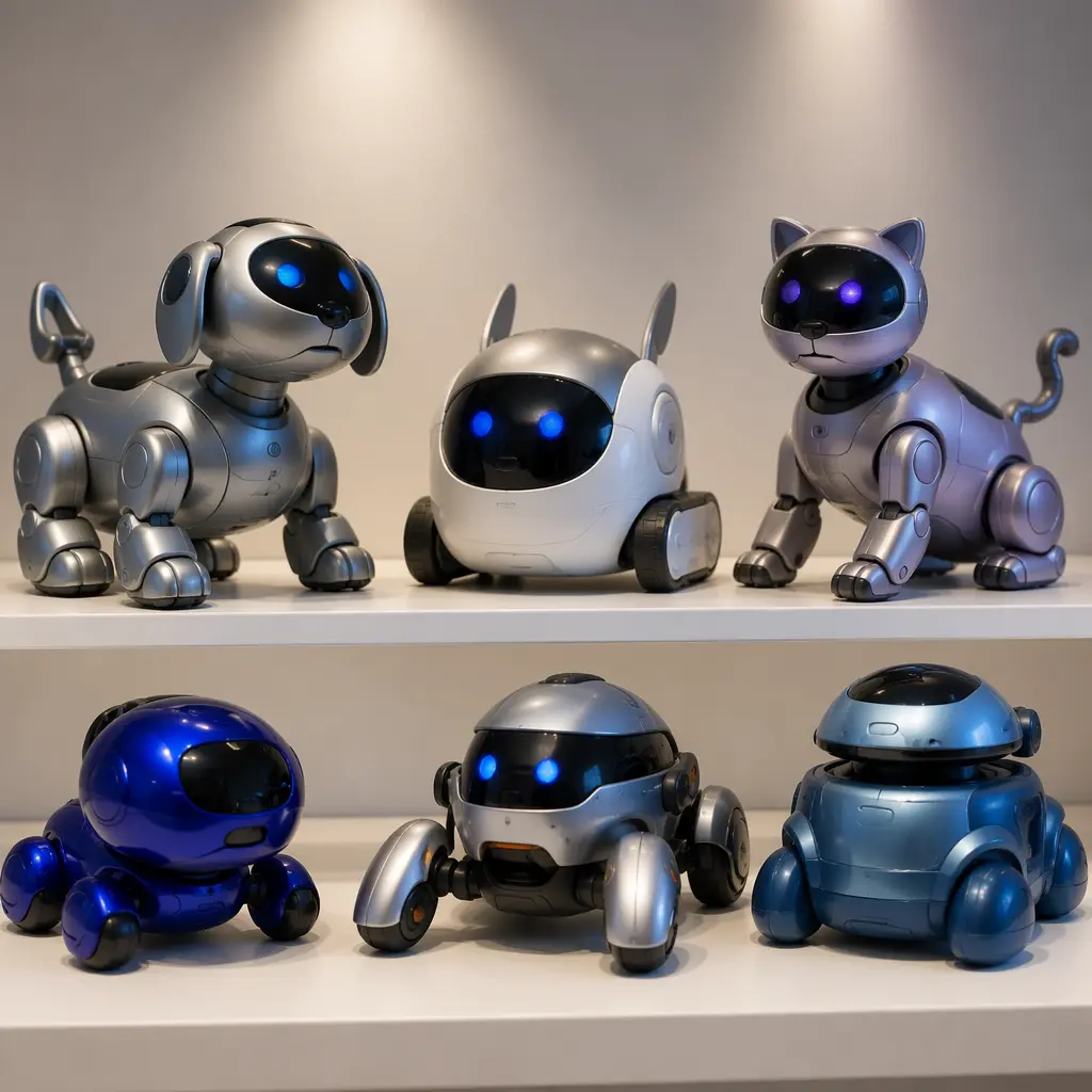 Collection of early 2000s style robotic pet toys displayed on a shelf
