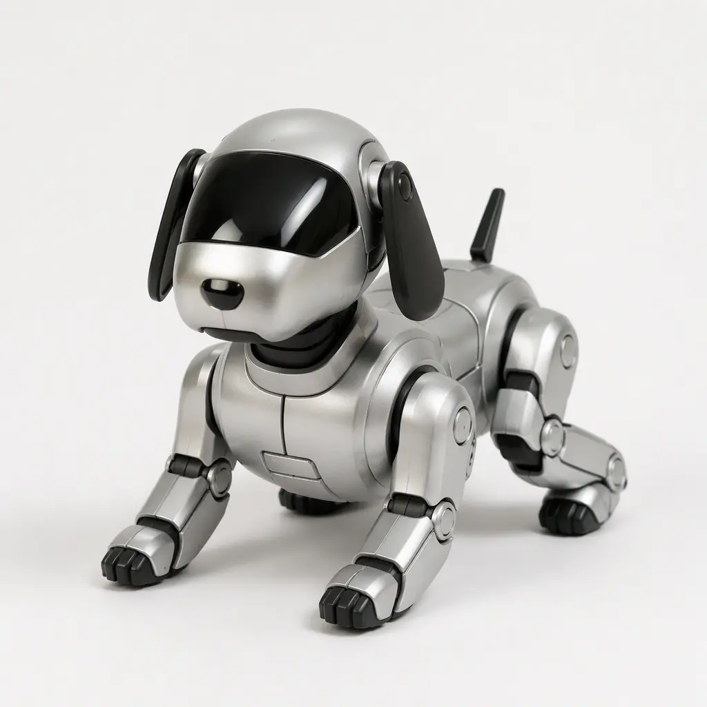Small robotic puppy toy in a studio setting with metallic body and black ears