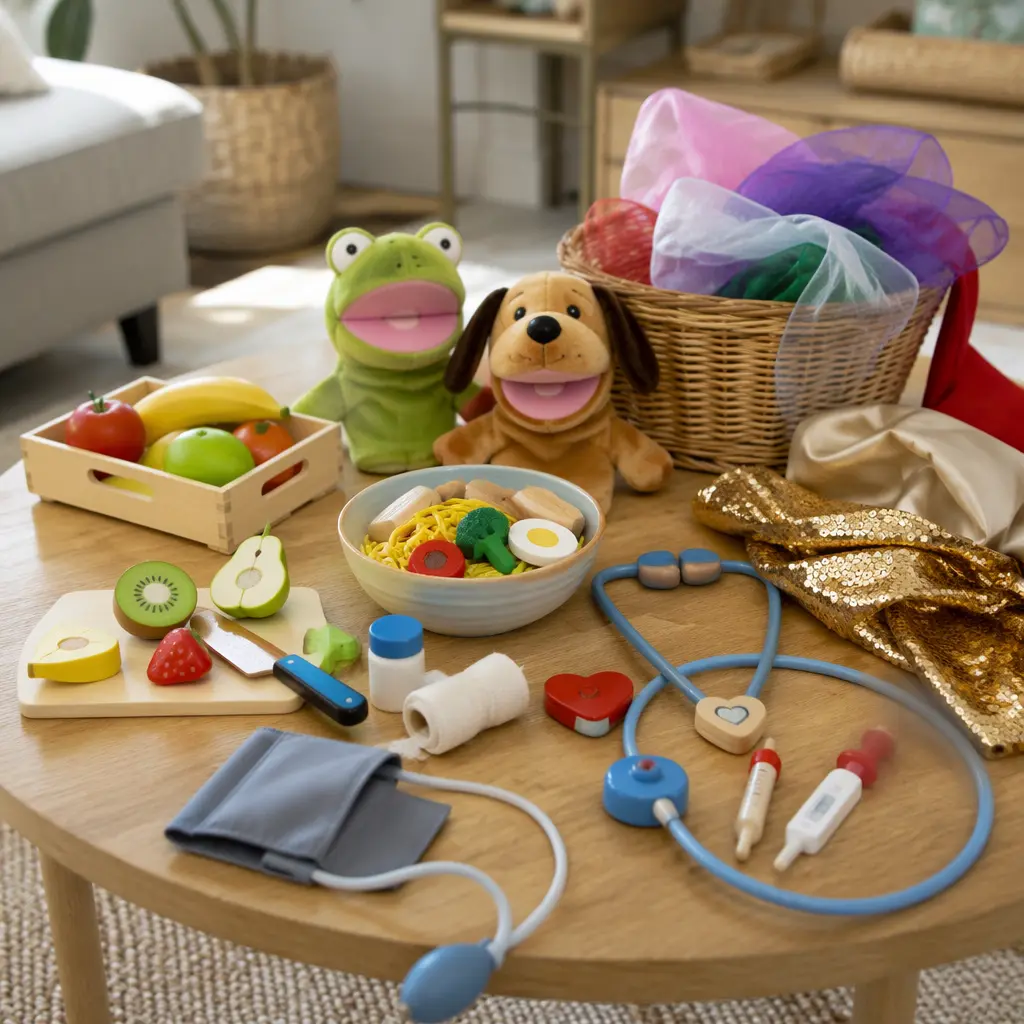 Shared pretend play accessories arranged on a table for sibling role-play