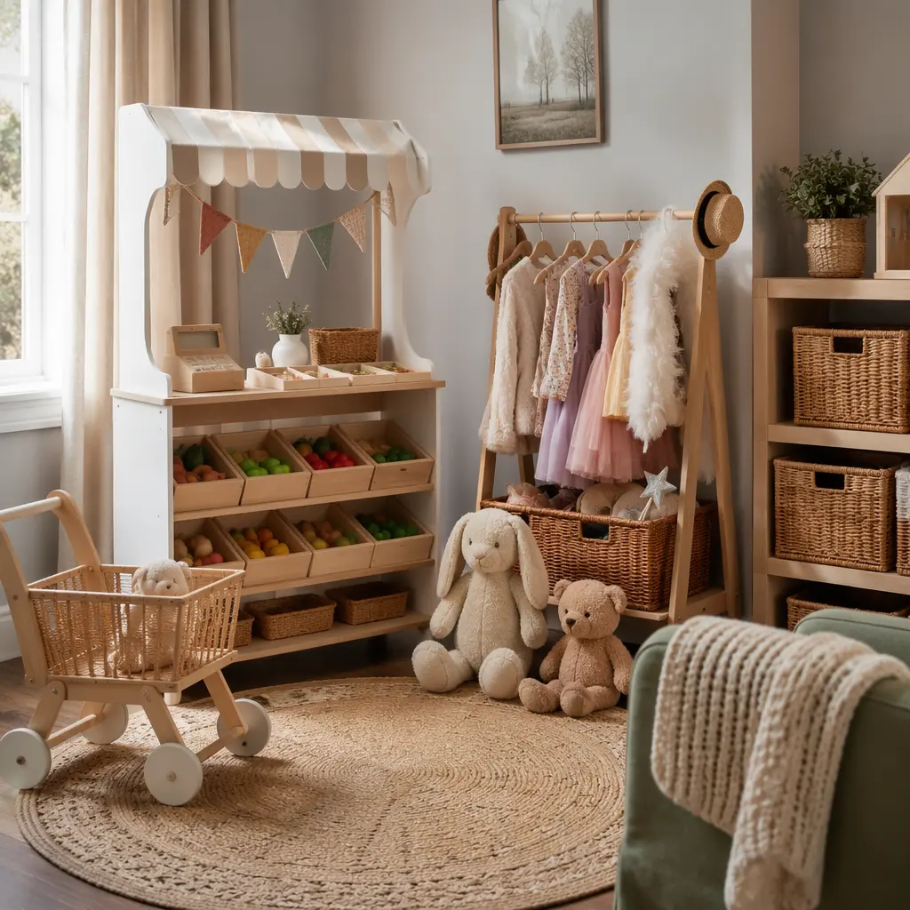 Pretend play corner with organized role-play toys for preschool siblings