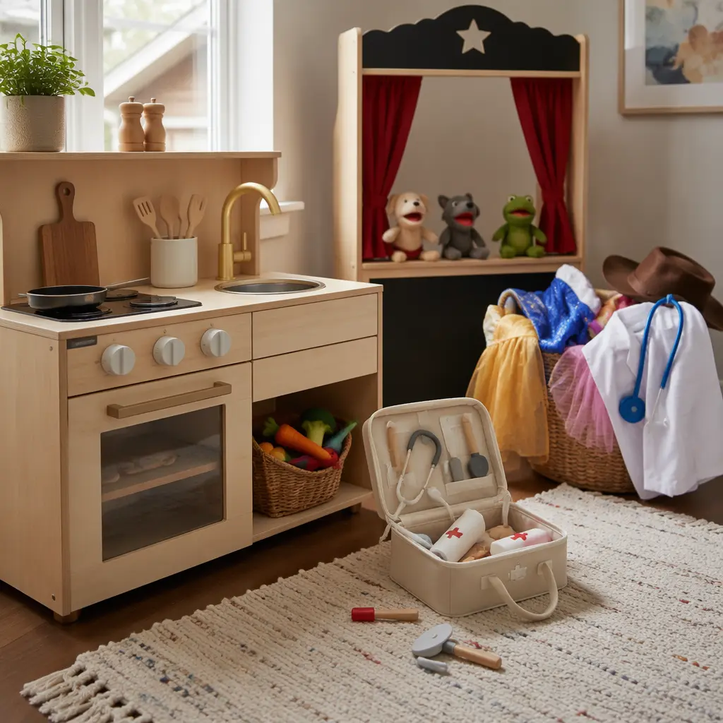 Pretend play setup with shared role-play toys for young siblings in a bright playroom