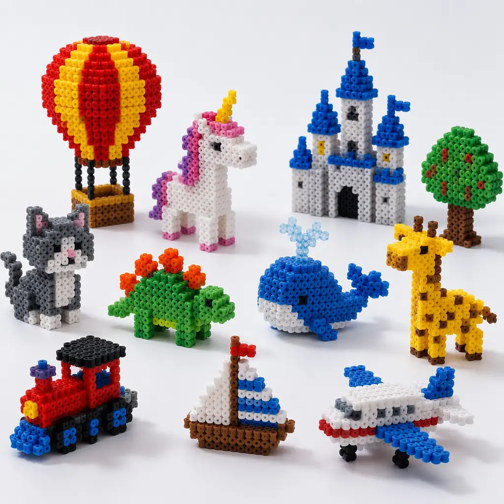 Assorted pixel-style bead figures displayed on a white surface