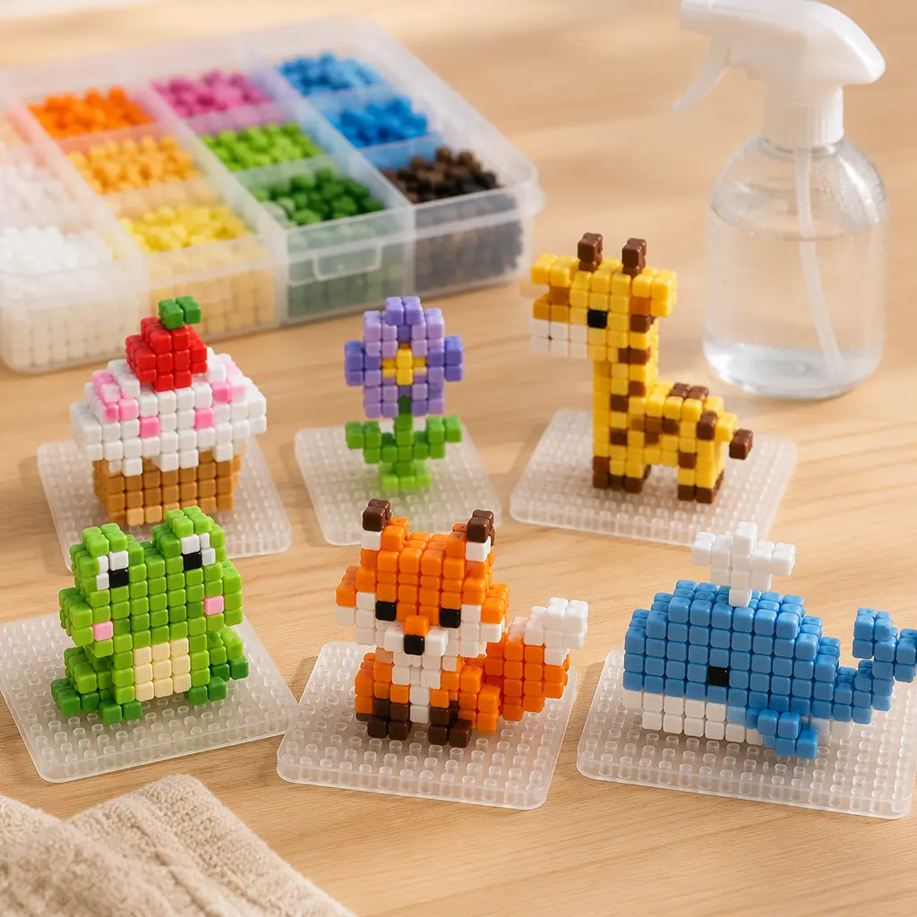 Colorful water-fuse craft beads arranged into pixel-style shapes beside a spray bottle