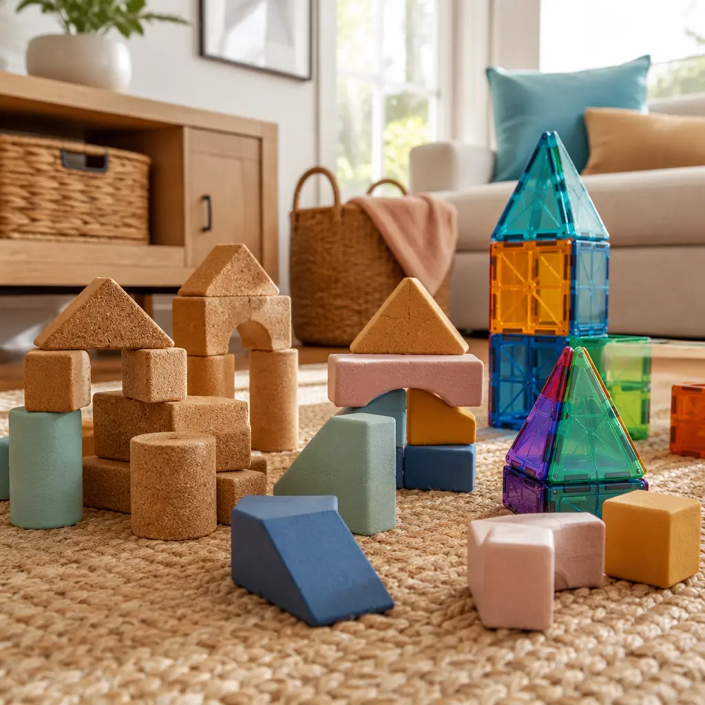 Soft and quiet preschool building toys arranged on a rug in natural morning light.