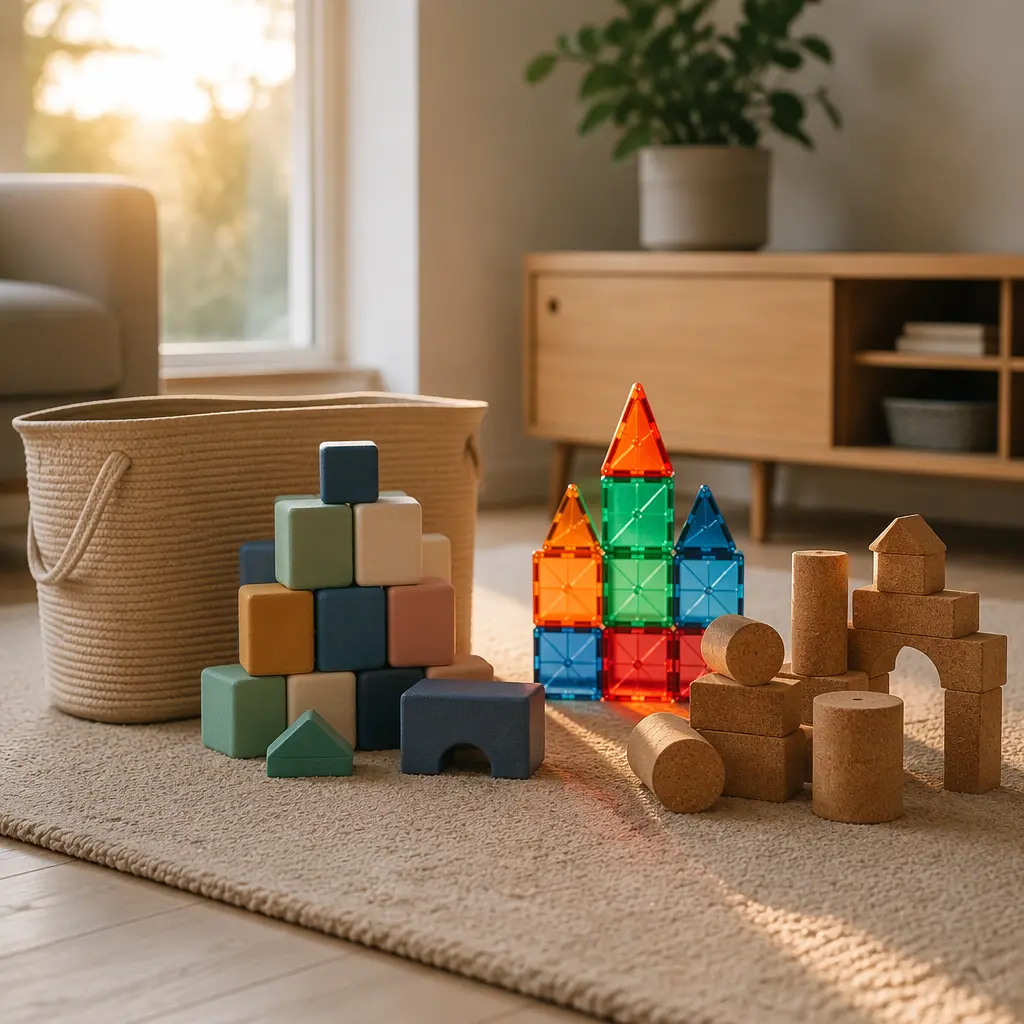 Quiet construction toys stored neatly in a softly lit family room.