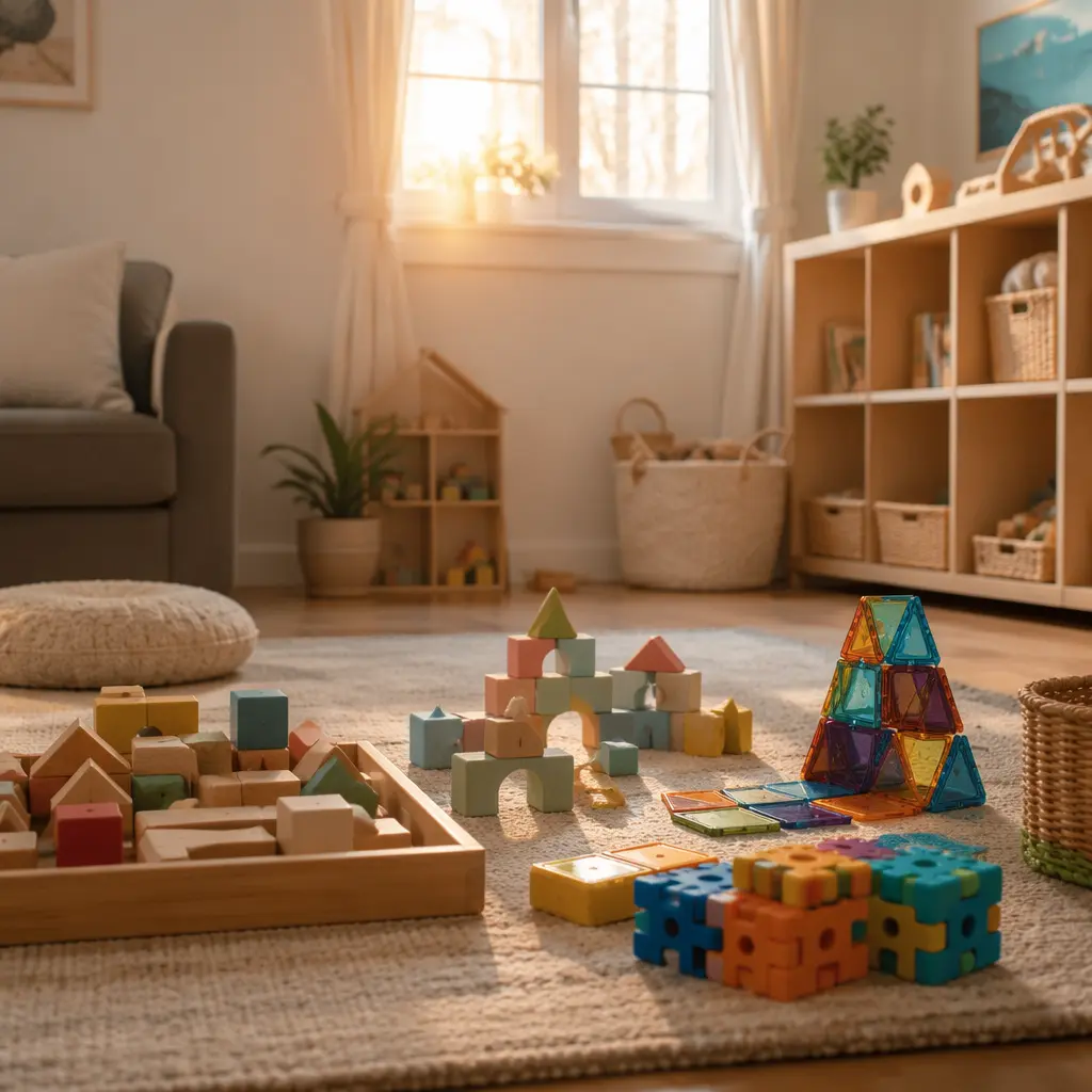 Quiet building toys arranged in a softly lit preschool playroom during early morning.
