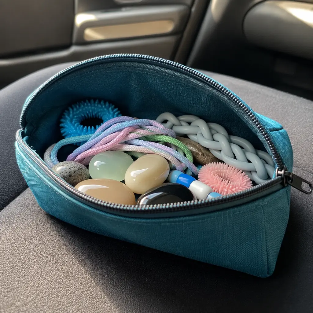 Small pouch of quiet fidget toys on a car seat