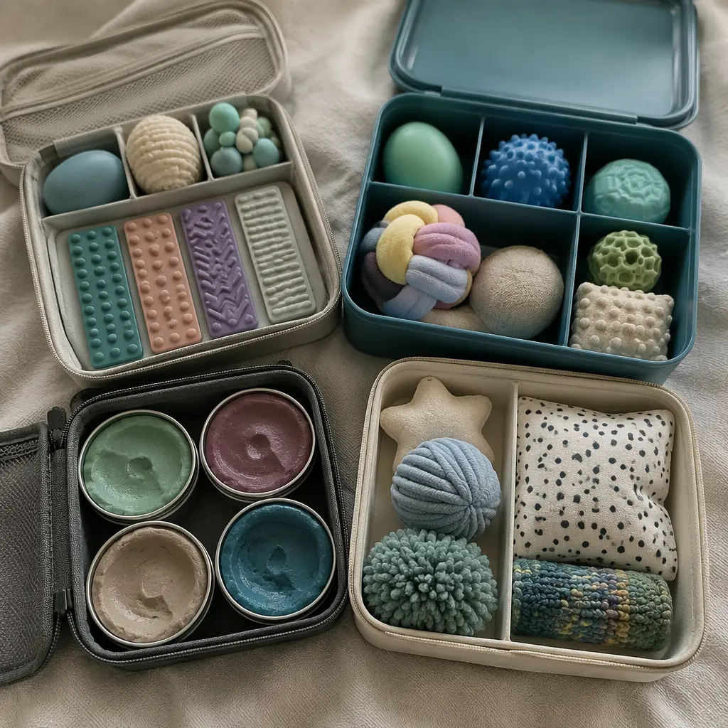 Organized collection of quiet sensory toys in travel containers