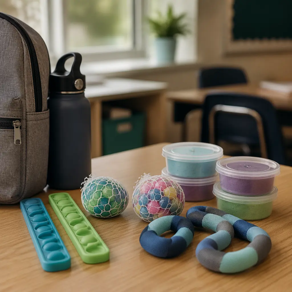 Quiet sensory fidget toys arranged on a desk in soft natural light