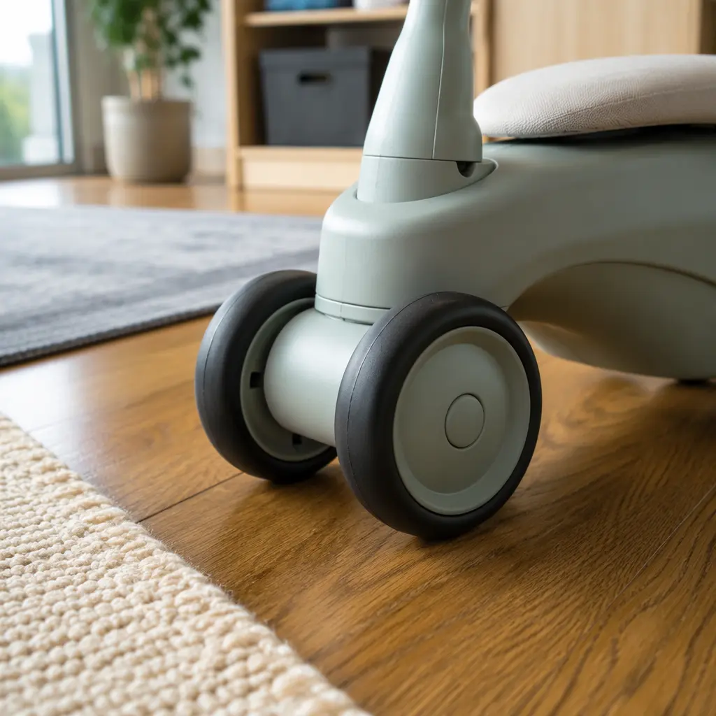 Soft rubber wheels on a toddler ride-on toy designed for quieter indoor use