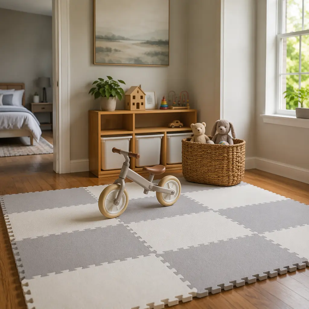 Compact toddler balance-style ride-on in a quiet apartment play area