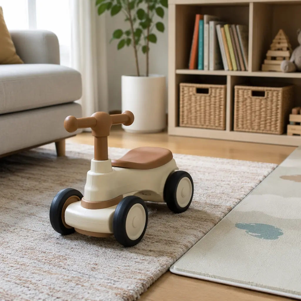 Quiet indoor toddler ride-on toy in a modern apartment living room