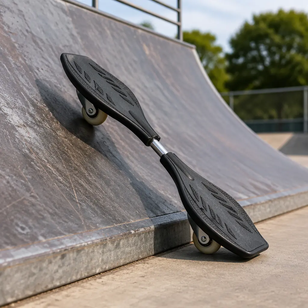 Caster board resting beside a skate park ramp outdoors