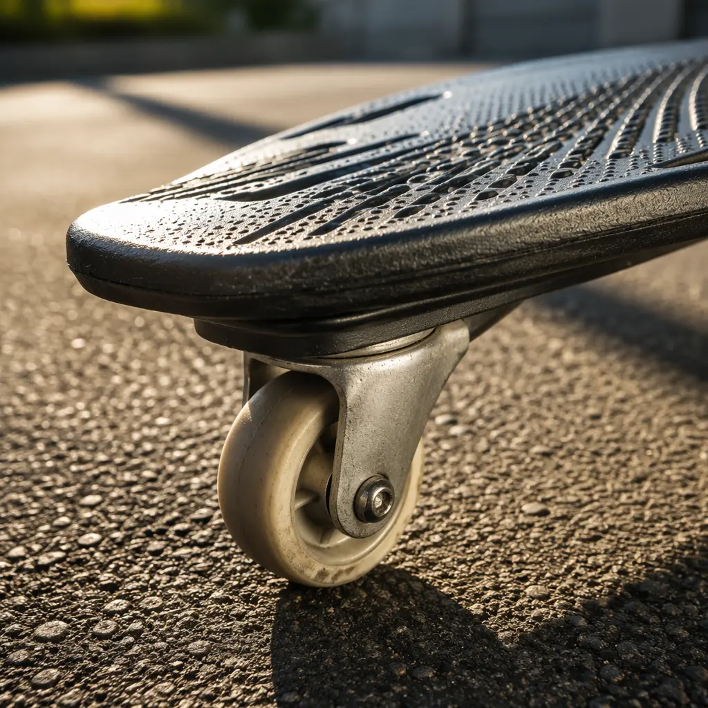 Close-up of caster board wheel and foot platform on pavement