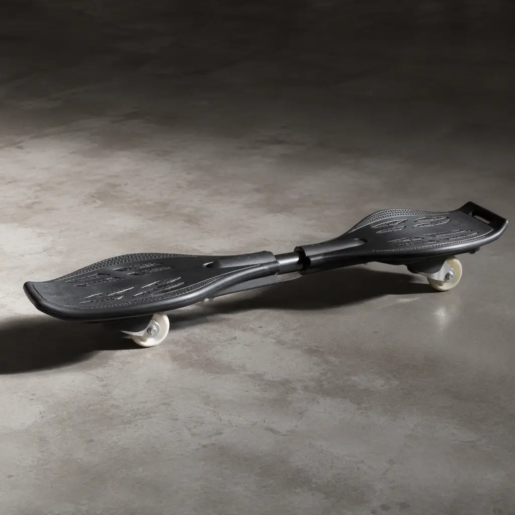 Two-wheeled caster board on a concrete floor in a studio setting