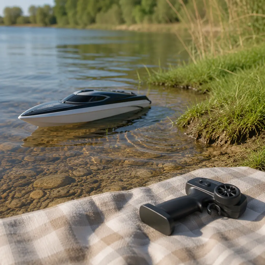 Beginner remote control boat floating near a grassy shoreline
