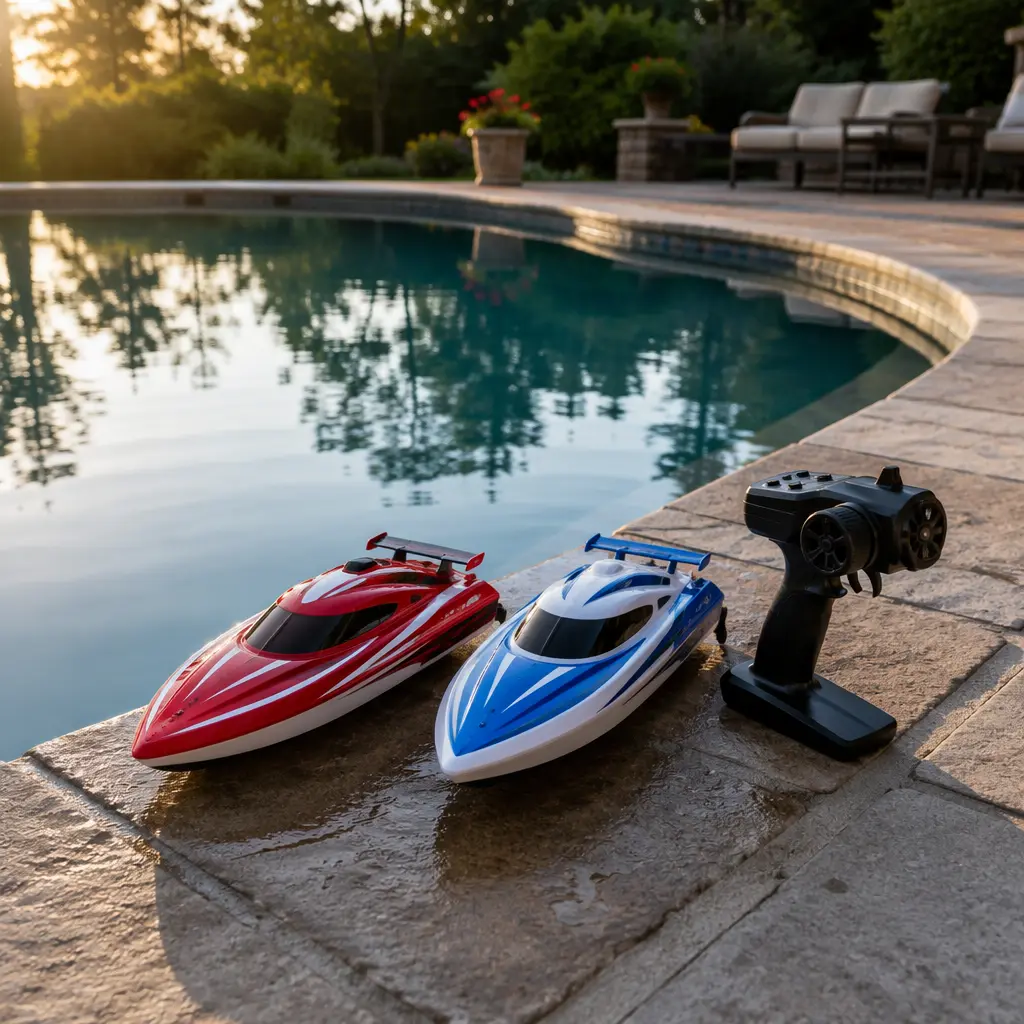 Two small remote control boats beside a calm backyard pool