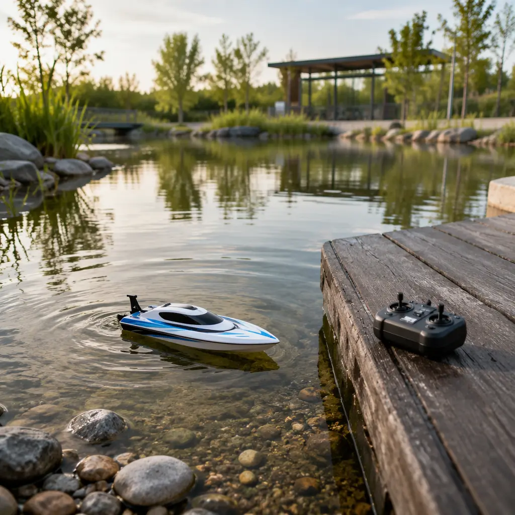 Small remote control boat near a dock beside a handheld controller at a calm pond