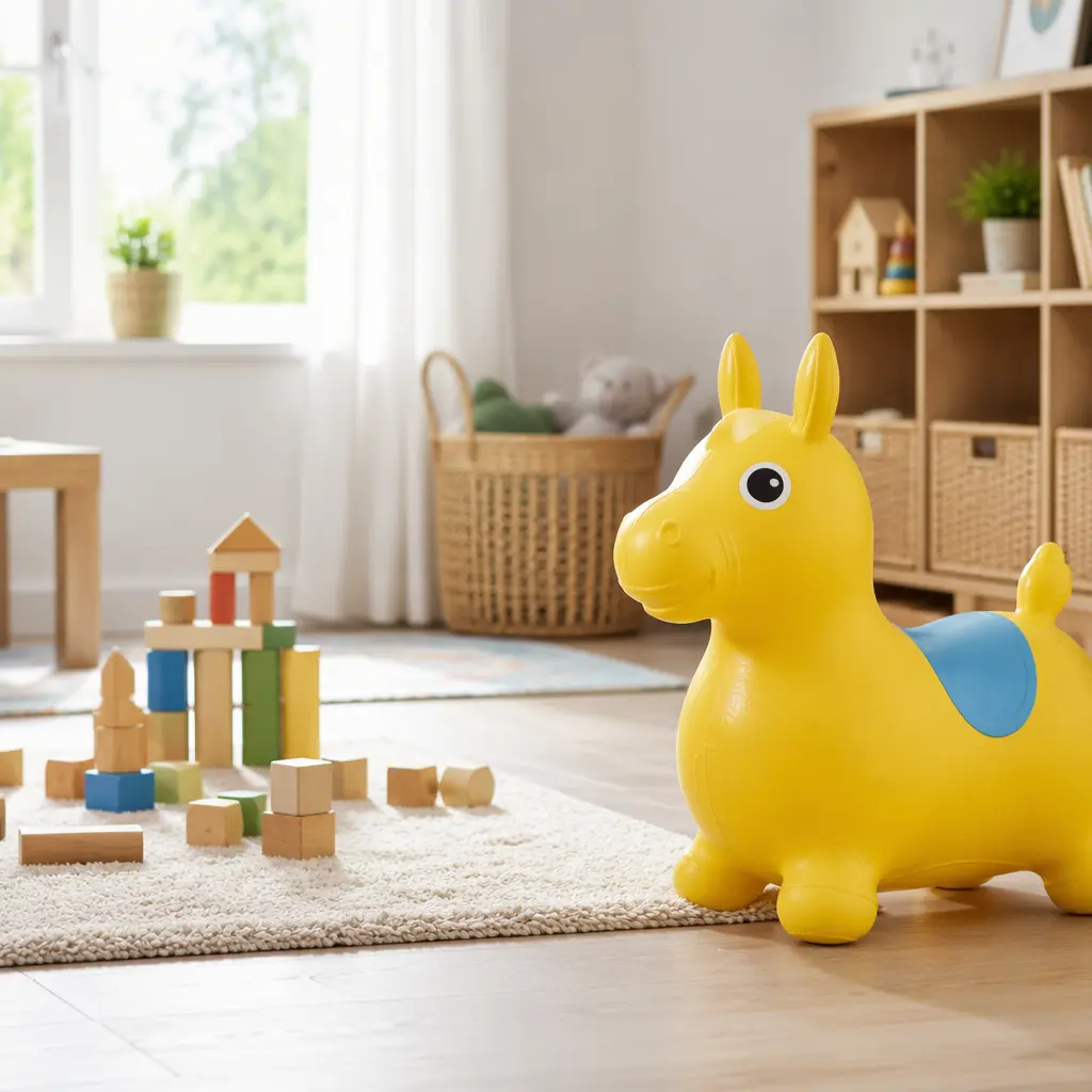 Inflatable bouncing horse toy in a modern playroom