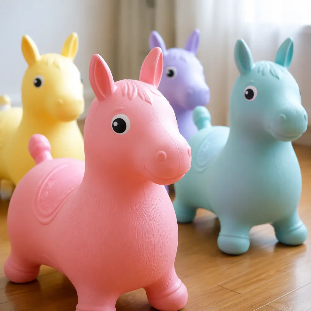 Several inflatable hopper horse toys in assorted colors