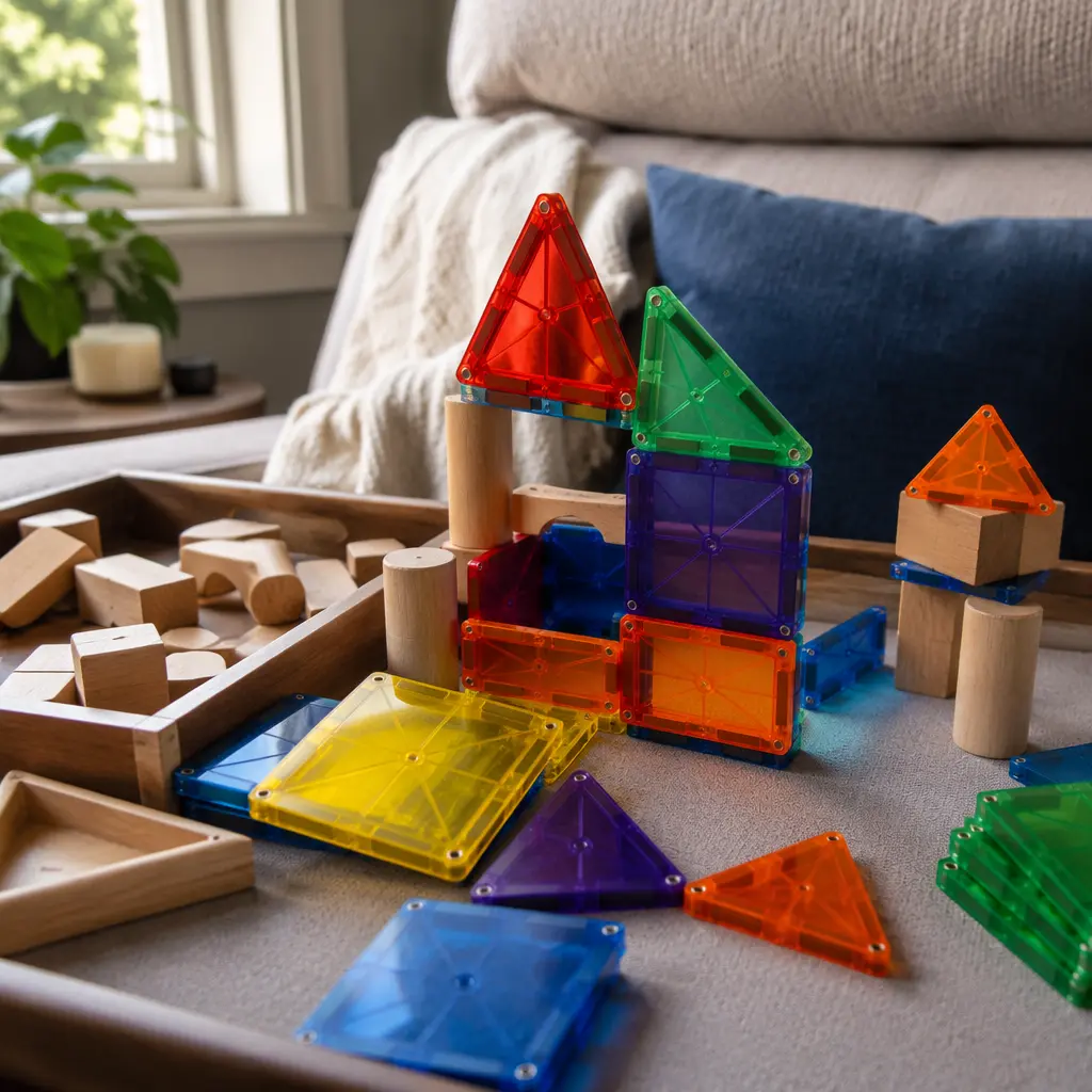 Magnetic tiles and building blocks set up for quiet couch play