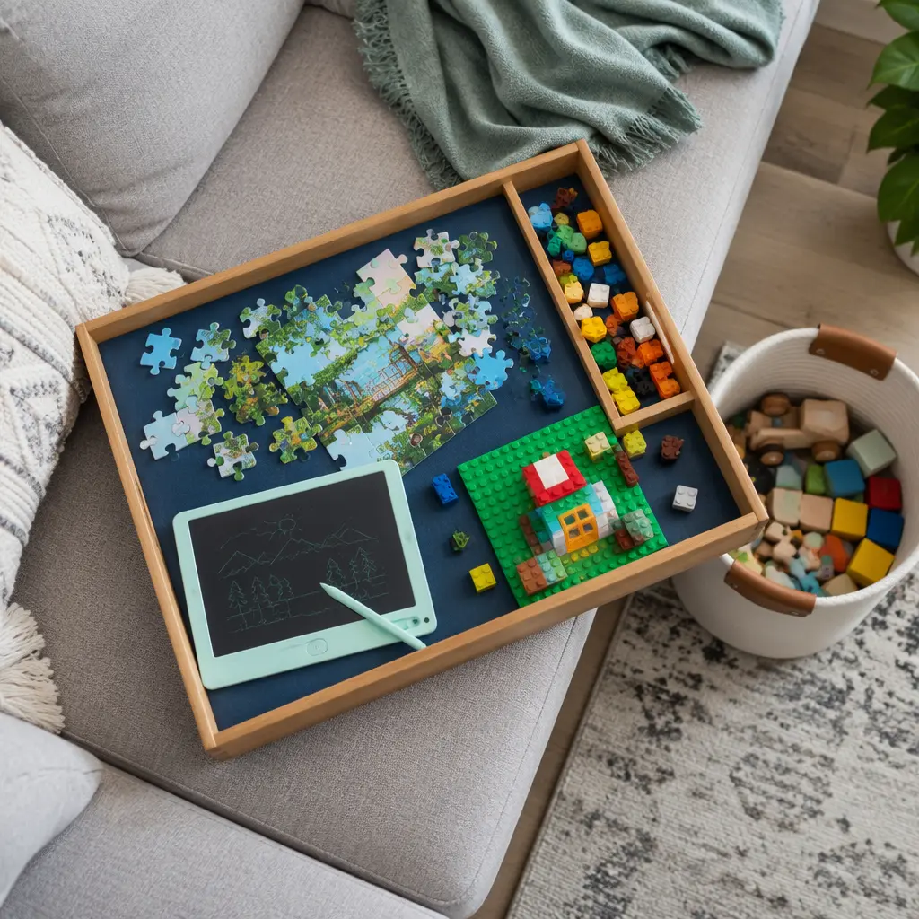 Organized low-mess couch play setup with quiet toys and storage basket