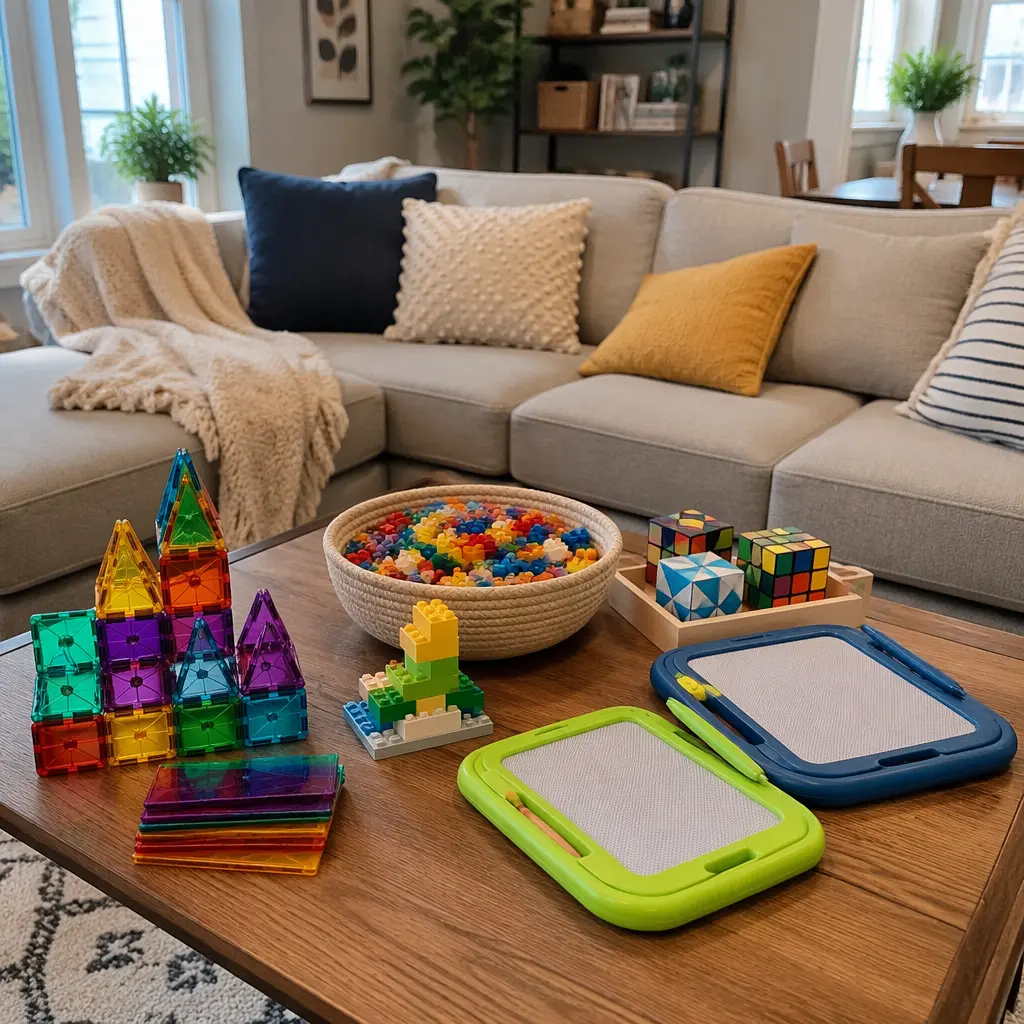 Quiet screen-free toys arranged beside a couch for low-energy indoor play