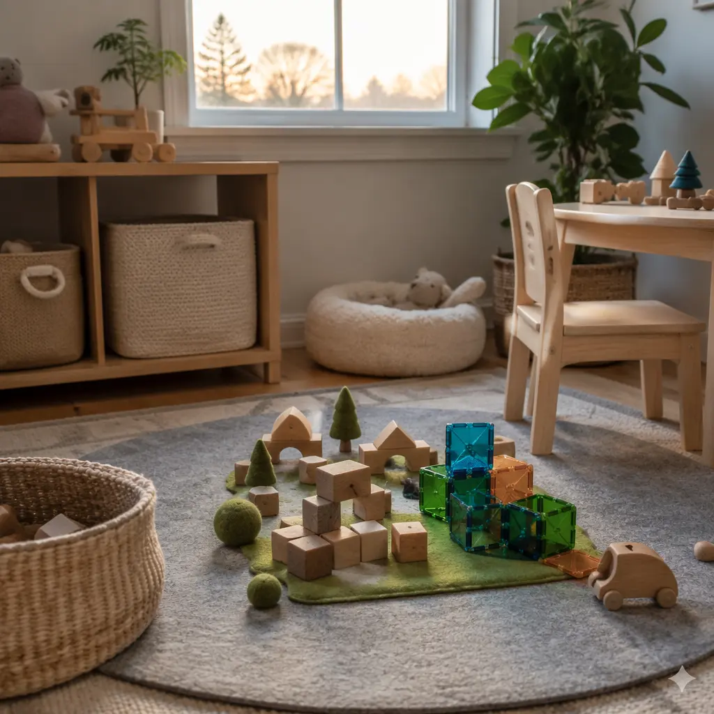 Quiet preschool play area with screen-free toys in soft morning light