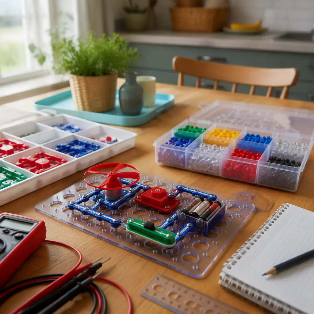 Neatly organized STEM electronics and building components on a kitchen table