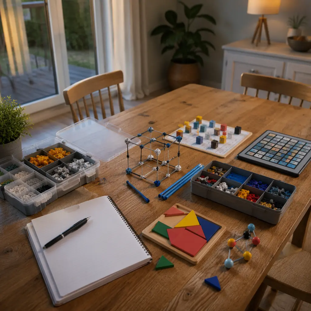 Organized STEM activities and puzzle components on a clean kitchen table