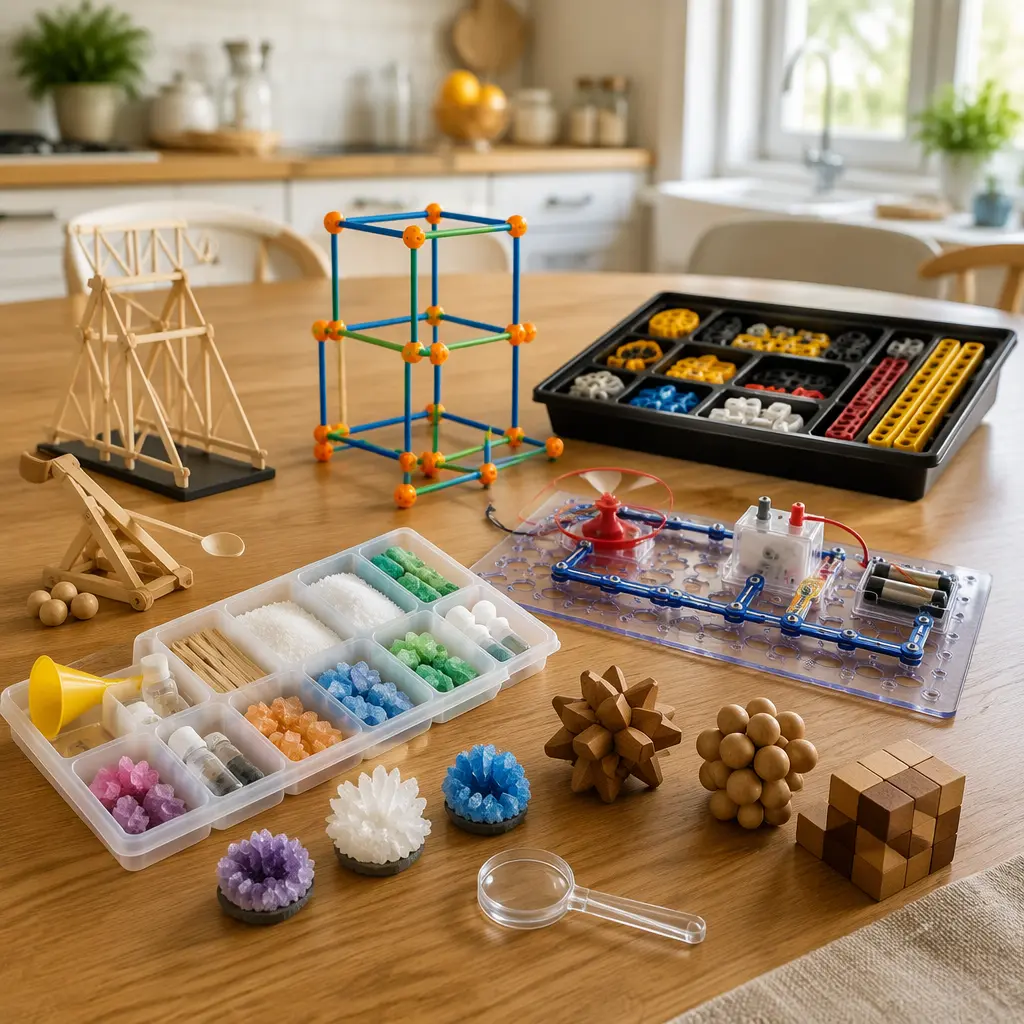 Screen-free STEM kits arranged on a kitchen table with organized supplies and soft natural light