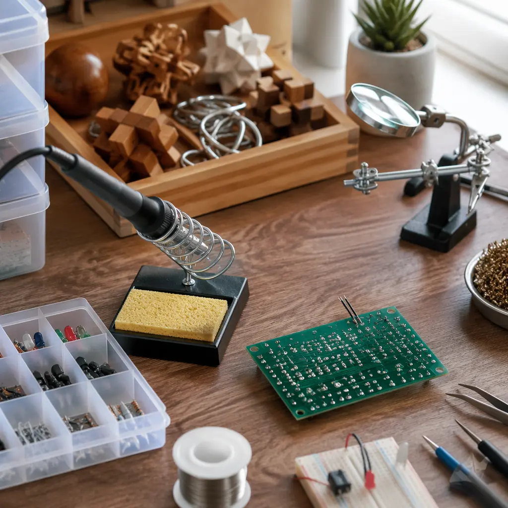 Electronics and engineering project materials for teens on a desk