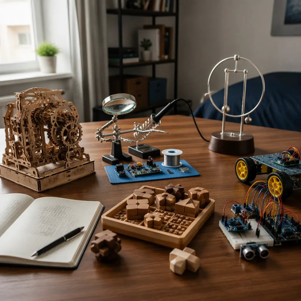 Screen-free STEM toys for teens arranged on a desk in natural light