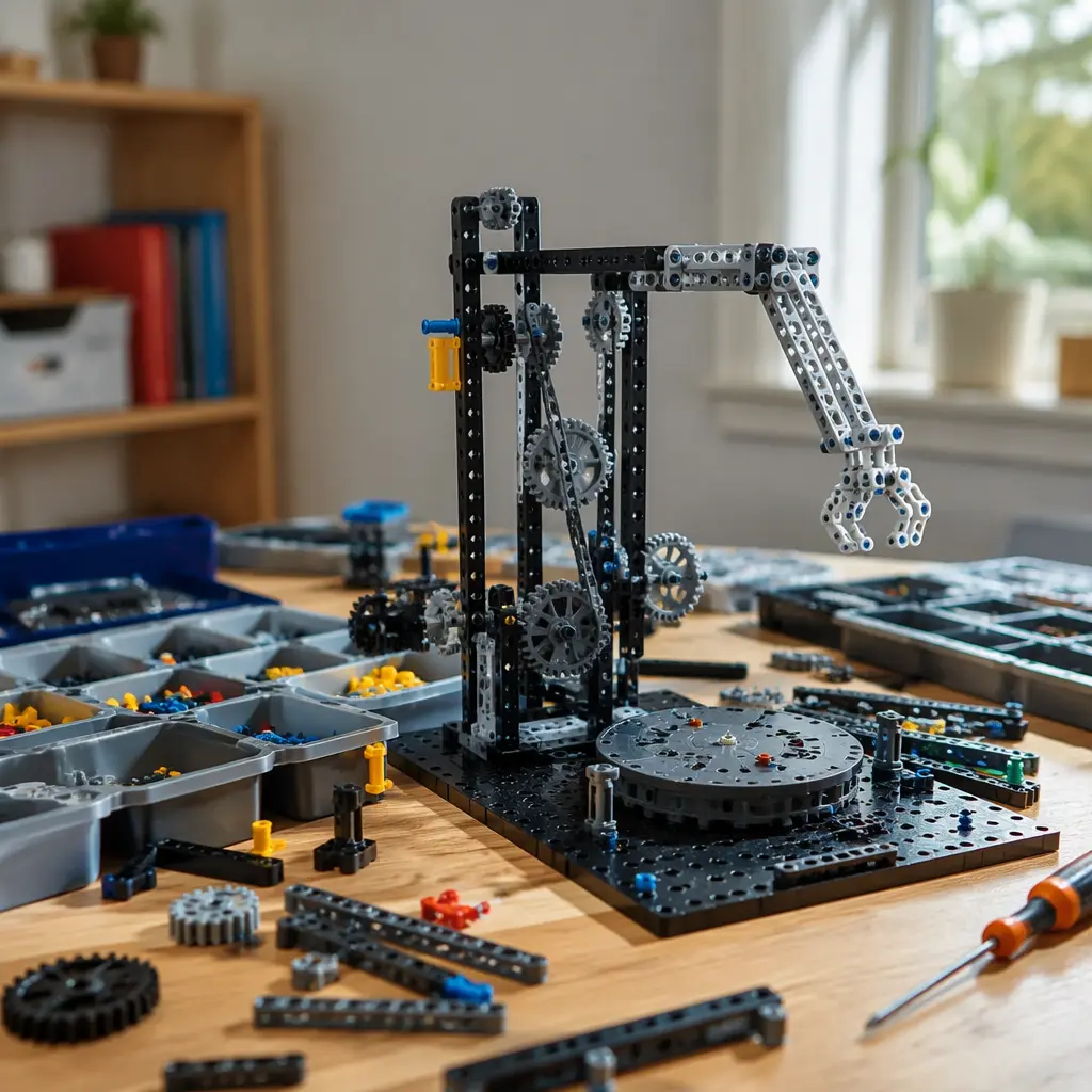 Mechanical STEM construction pieces and engineering models on a tabletop
