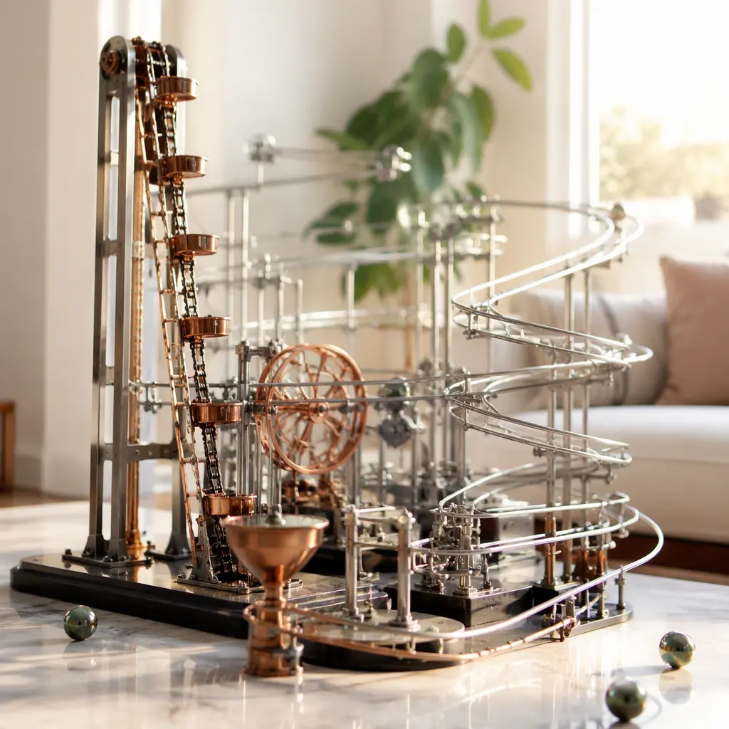 Mechanical marble run and engineering toy setup in natural light