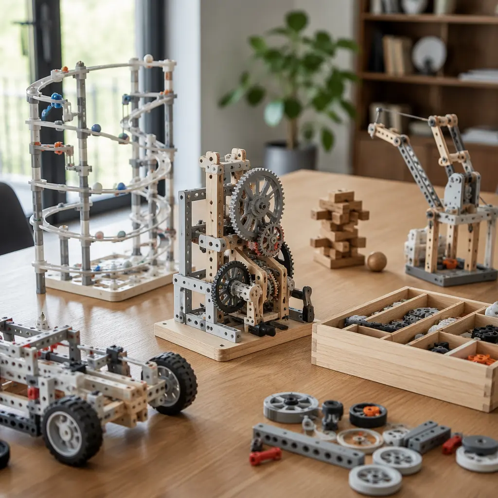 Screen-free STEM toys with mechanical and engineering parts arranged on a table in natural light