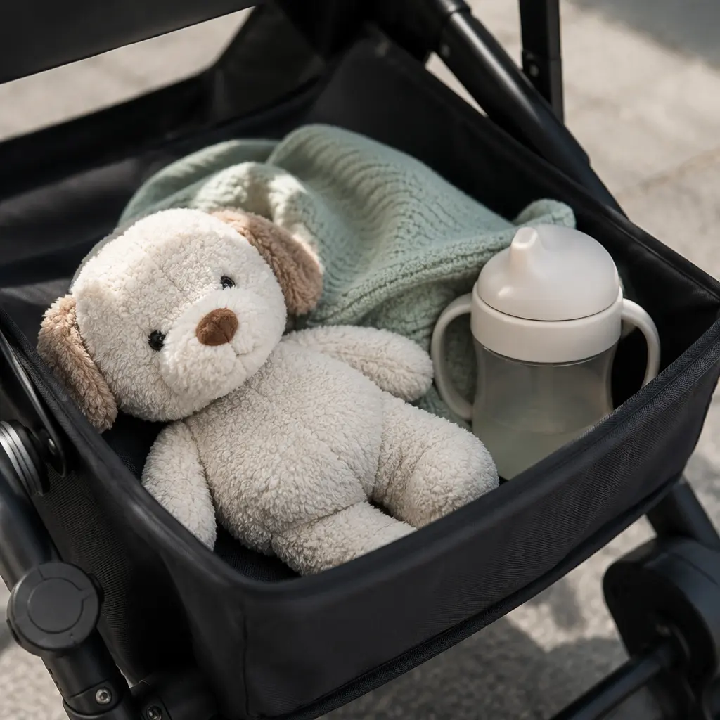 Compact plush toy stored in a stroller basket with toddler essentials