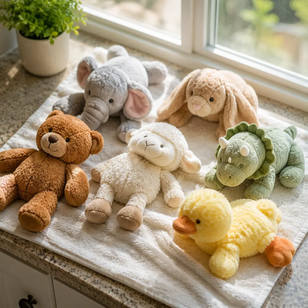 Freshly cleaned plush toys drying near a sunny window