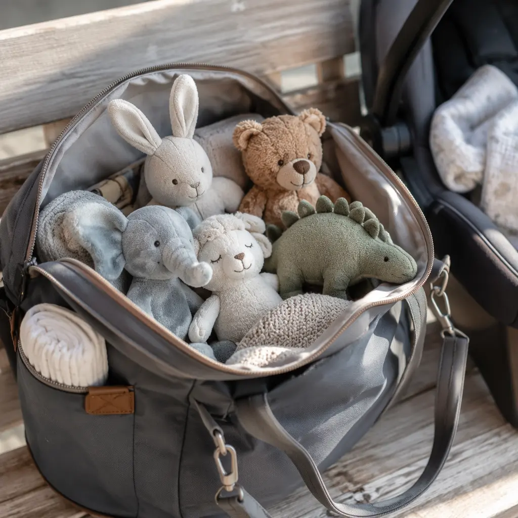Small plush comfort toys packed in a toddler travel bag near a car seat