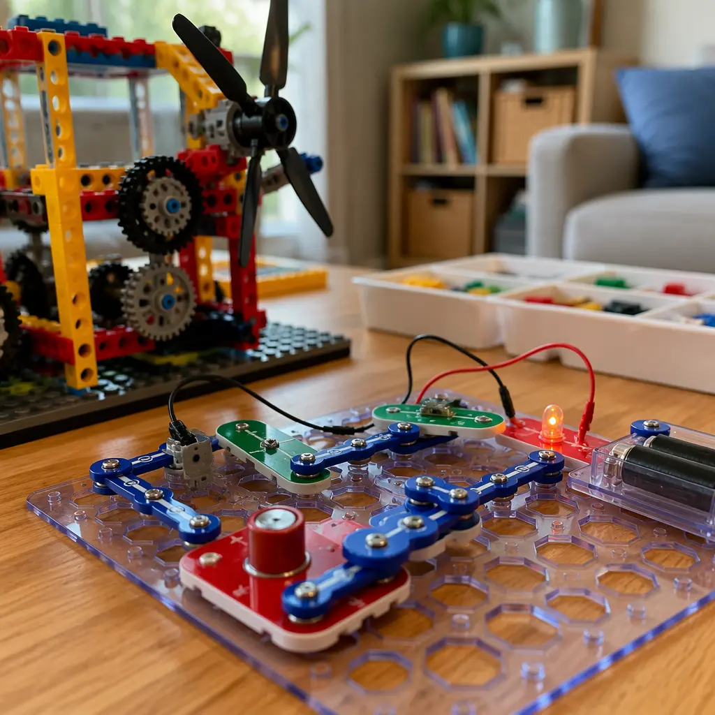 Snap-together circuit pieces and brick engineering parts on a tabletop